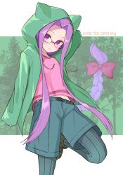 Rule 34 | 1girl, absurdres, aged down, blush, breasts, closed mouth, commentary request, fate/grand order, fate (series), glasses, green jacket, highres, hood, hooded jacket, jacket, kopaka (karda nui), long braid, long hair, long sleeves, looking at viewer, medusa (fate), medusa (lancer) (fate), medusa (rider) (fate), medusa (under the same sky) (fate), pantyhose, purple eyes, purple hair, rider, sidelocks, small breasts, very long hair