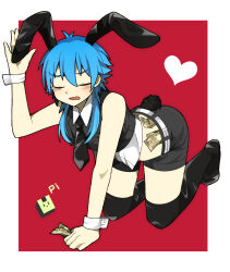 Rule 34 | 1boy, all fours, animal ears, arm support, black shorts, black thighhighs, blue hair, blush, boots, border, closed eyes, collared shirt, commentary request, dramatical murder, embarrassed, full body, hair between eyes, heart, holding, holding money, kneeling, long hair, male focus, matatumi, money, necktie, open mouth, pink background, rabbit ears, rabbit tail, seragaki aoba, shirt, short necktie, shorts, solo, tail, tearing up, thigh boots, thighhighs, thighs, trap, tucked money, white border