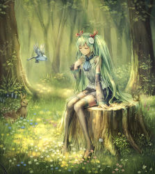 Rule 34 | 1girl, anbe yoshirou, bird, boots, rabbit, detached sleeves, closed eyes, flower, green hair, hair flower, hair ornament, hair ribbon, hatsune miku, highres, long hair, nature, neckerchief, parted lips, ribbon, shirt, sitting, sketch, skirt, solo, squirrel, thigh boots, thighhighs, tree, tree stump, twintails, very long hair, vocaloid