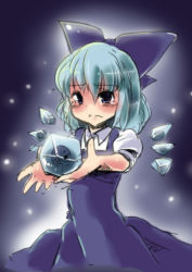 Rule 34 | 1girl, aura, black background, blue dress, blue eyes, blue hair, blush, bow, cirno, dress, hair bow, hinghoi, ice, ice wings, looking at viewer, matching hair/eyes, puffy sleeves, sad, short sleeves, solo, tears, touhou, wings