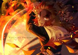 Rule 34 | 1boy, black jacket, blonde hair, blood, blood on face, character name, floating hair, forked eyebrows, highres, holding, holding sword, holding weapon, jacket, katana, kimetsu no yaiba, long hair, long sleeves, looking at viewer, makoto1009, male focus, multicolored hair, orange eyes, red hair, rengoku kyoujurou, signature, solo, stance, sword, twitter username, two-tone hair, upper body, weapon
