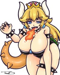 Rule 34 | 1girl, armlet, bare shoulders, black nails, blonde hair, blue eyes, bowsette, bracelet, breasts, breath weapon, breathing fire, brooch, cleavage, collar, crown, fangs, fingernails, fire, hair between eyes, highres, jewelry, large breasts, leaning forward, leotard, long hair, mario (series), nail polish, new super mario bros. u deluxe, nintendo, open mouth, pointy ears, ponytail, sharp fingernails, sharp teeth, solo, spiked bracelet, spiked collar, spiked shell, spiked tail, spikes, strapless, super crown, tail, teeth, that-girl-whodraws, turtle shell