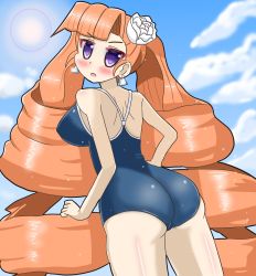 Rule 34 | 1girl, arcana heart, artist request, ass, bare shoulders, blush, breasts, drill hair, earrings, flower, from behind, hair flower, hair ornament, jewelry, large breasts, long hair, looking at viewer, looking back, one-piece swimsuit, open mouth, orange hair, petra johanna lagerkvist, purple eyes, shiny clothes, shiny skin, sideboob, solo, swimsuit, twin drills, very long hair