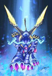Rule 34 | all fours, carloromeroart, claws, cyborg, digimon, digimon (creature), digimon adventure: (2020), energy wings, glowing, glowing eyes, highres, mechanical tail, mechanical wings, metalgarurumon, no humans, signature, solo, spikes, tail, wings, wolf