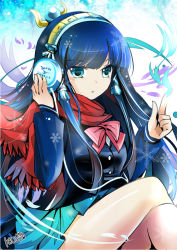 Rule 34 | 1girl, artist name, blue eyes, blue lips, blue skirt, blush, bow, contemporary, egyptian, hairband, hand on headphones, headphones, isis (p&amp;d), lipstick, long hair, long sleeves, makeup, open mouth, pleated skirt, puzzle &amp; dragons, red scarf, scarf, school uniform, sitting, siukaukau24, skirt, snowflakes, solo