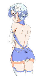 Rule 34 | 10s, 1girl, aonagi hayate, ass, back, backless outfit, bad id, bad pixiv id, bare back, blue hair, blush, bodysuit, fin e ld si laffinty, flower, hair flower, hair ornament, panties, purple eyes, rinne no lagrange, solo, thighhighs, underwear