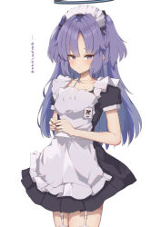 Rule 34 | 1girl, absurdres, alternate costume, apron, black dress, blue archive, blush, collarbone, commentary request, dress, enmaided, garter straps, halo, highres, id card, long hair, looking at viewer, maid, maid headdress, puffy short sleeves, puffy sleeves, purple eyes, rj edward (artist), short sleeves, simple background, solo, translation request, two side up, very long hair, white apron, white background, white garter straps, yuuka (blue archive)