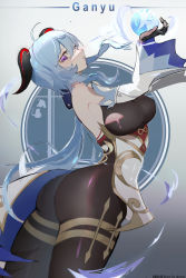 Rule 34 | 1girl, absurdres, ahoge, artist request, ass, bare shoulders, blue hair, bodysuit, breasts, detached sleeves, from behind, ganyu (genshin impact), genshin impact, gloves, goat horns, highres, horns, leotard, long hair, looking at viewer, orb, pantyhose, purple eyes, shiny clothes, sideboob, skin tight, solo, very long hair, waist cape