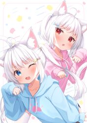 Rule 34 | 2girls, ahoge, animal ear fluff, animal ears, blue eyes, blue hoodie, blush, cat ears, cat girl, cat tail, collarbone, commentary request, drawstring, fang, hair ornament, hairclip, hood, hood down, hoodie, long hair, long sleeves, looking at viewer, matchanear, multiple girls, one eye closed, open mouth, original, paw pose, pink hoodie, puffy long sleeves, puffy sleeves, red eyes, short hair, skin fang, sleeves past wrists, tail, twintails