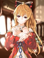 Rule 34 | 1girl, bare shoulders, black bow, blonde hair, bow, breasts, chocolate, cleavage, collarbone, commentary request, dress, empty eyes, food, granblue fantasy, hair bow, hair ribbon, head tilt, highres, holding, holding chocolate, holding food, long hair, looking at viewer, medium breasts, nabeji (wata nb), ponytail, red dress, red eyes, ribbon, smile, solo, upper body, valentine, vira (granblue fantasy)