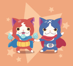 Rule 34 | 10s, blue cape, cape, cat, chuno, fangs, flame-tipped tail, full body, fuyunyan, haramaki, jibanyan, multiple tails, no humans, notched ear, open mouth, red cape, scar, simple background, star (symbol), tail, traditional youkai, two tails, youkai watch, youkai watch 2