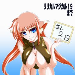 Rule 34 | 00s, 1girl, absurdres, animal ears, arf, blue eyes, breasts, cleavage, countdown, fang, fang out, front zipper swimsuit, highres, large breasts, lyrical nanoha, mahou shoujo lyrical nanoha, meme attire, one-piece swimsuit, pink hair, red eyes, solo, swimsuit, tappa (esperanza)