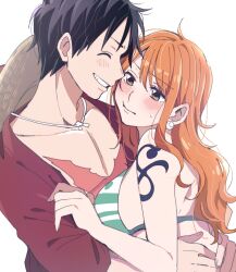 Rule 34 | 1boy, 1girl, bare shoulders, bikini, bikini top only, black hair, blush, breasts, chiya op, closed eyes, closed mouth, collarbone, couple, cross scar, earrings, embarrassed, hair behind ear, hat, highres, hug, jewelry, large breasts, light blush, long hair, monkey d. luffy, nami (one piece), one piece, open clothes, open vest, orange eyes, parted lips, pearl earrings, pectorals, red vest, scar, scar on chest, shoulder tattoo, single sidelock, smile, straw hat, sweatdrop, swimsuit, tattoo, unworn headwear, upper body, vest, wavy hair, white background