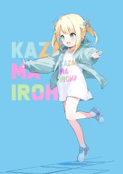 Rule 34 | 1girl, absurdres, aqua eyes, blonde hair, blue background, blush, bow, character name, child, full body, hair ornament, hana mori, hands up, highres, hololive, hood, hood down, hooded jacket, jacket, jumping, kazama iroha, leg up, long shirt, medium hair, open clothes, open jacket, open mouth, outstretched arms, ribbon, scan, shoes, short twintails, simple background, smile, socks, solo, spread arms, twintails, virtual youtuber, zipper pull tab