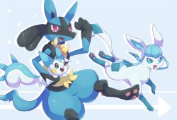 Rule 34 | blue background, carrying, carrying under arm, creatures (company), game freak, gen 4 pokemon, glaceon, kechon-san, lucario, nintendo, no humans, open mouth, pachirisu, pokemon, pokemon (creature), running, simple background, teeth, upper teeth only