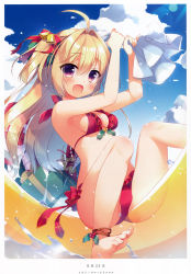 Rule 34 | 1girl, :d, absurdres, ahoge, ankleband, anklet, arms up, barefoot, bell, bikini, blonde hair, blush, box, breasts, christmas, cleavage, cloud, day, fang, feet, frilled bikini, frills, gift, gift box, hair bell, hair intakes, hair ornament, hair ribbon, highres, holly, jewelry, jingle bell, lens flare, long hair, looking at viewer, open mouth, original, outdoors, purple eyes, red bikini, ribbon, sack, sazaki ichiri, scan, sideboob, sky, small breasts, smile, solo, sparkle, swimsuit, two side up, water