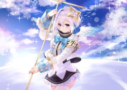 Rule 34 | 1girl, amane kanata, angel, angel wings, arm up, black skirt, blue bow, blue bowtie, blue eyes, blue hair, bow, bowtie, cloud, cloudy sky, commentary request, cowboy shot, cross, day, hair between eyes, halo, hida6 sork, highres, holding, holding cross, hololive, jacket, long sleeves, looking at viewer, multicolored hair, parted lips, shirt, silver hair, skirt, sky, solo, standing, star halo, streaked hair, turtleneck, virtual youtuber, white jacket, white shirt, wings