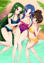 Rule 34 | 3girls, absurdres, asakura ryouko, bandeau, barefoot, bikini, blue bikini, blue eyes, blue hair, blush, breasts, brown eyes, cleavage, collarbone, commentary request, commission, fang, feet, forehead, grabbing, grabbing another&#039;s breast, green hair, highres, hotaru iori, ichimi renge, kyon no imouto, large breasts, long hair, looking at another, looking at viewer, multiple girls, navel, one-piece swimsuit, parted bangs, pixiv commission, side ponytail, small breasts, soaking feet, strapless, strapless one-piece swimsuit, suzumiya haruhi no yuuutsu, swimsuit, tsuruya, tube top, very long hair, water, yellow bikini, yuri