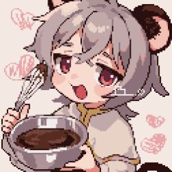 Rule 34 | 1girl, ahiru tokotoko, animal ears, bowl, capelet, chocolate making, grey hair, heart, highres, holding, holding bowl, holding whisk, looking at viewer, mixing bowl, mouse ears, nazrin, pixel art, red eyes, shirt, short hair, smile, solo, touhou, whisk, white background, white capelet, white shirt