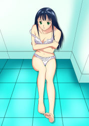 Rule 34 | 1girl, artist request, barefoot, black hair, bra, breasts, character request, cleavage, colorized, feet, green eyes, highres, lingerie, long hair, navel, original, panties, sitting, solo, source request, strap slip, underwear, underwear only