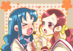 Rule 34 | &gt; &lt;, 2girls, blue hair, blush, border, brown border, chocolate, clenched hands, collared shirt, commentary request, eyelashes, face-to-face, feeding, flower, furrowed brow, gradient outline, hair flower, hair ornament, hanasaki tsubomi, heart, heart in mouth, heartcatch precure!, holding, holding stick, kurumi erika, light blush, long hair, long sleeves, looking at another, low twintails, lowres, multiple girls, myoudou gakuen middle school uniform, open mouth, orange flower, orange outline, outline, outside border, pink eyes, pink hair, polka dot, polka dot background, precure, raised eyebrows, sailor collar, school uniform, shirt, simple background, sparkling eyes, star (symbol), star in eye, stick, symbol in eye, taora, twintails, upper body, wavy hair, white background, white sailor collar, yellow flower, yellow outline, yellow shirt, yellow sleeves