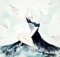 Rule 34 | 1girl, aiming, bad id, bad pixiv id, black dress, cloud, cloudy sky, contrast, dress, frilled dress, frills, green hair, hand on own knee, light smile, multicolored hair, ocean, original, paper airplane, partially submerged, personification, sky, solo, squatting, tofuvi, two-tone hair, water, white background