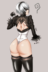 Rule 34 | 1girl, ?, absurdres, android, ass, back, back cutout, backboob, black hairband, black thighhighs, blindfold, boots, breasts, clothing cutout, from behind, gloves, hairband, highres, huge ass, kuya (darkgear), leotard, looking back, nier (series), nier:automata, open mouth, shiny clothes, shiny skin, short hair, silver hair, solo, thigh boots, thighhighs, thong, thong leotard, 2b (nier:automata)