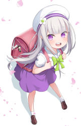 Rule 34 | 1girl, :d, absurdres, aged down, backpack, bag, beret, blush, bow, bowtie, brown footwear, charm (object), cherry blossoms, child, commentary request, contemporary, echiru39, emilia (re:zero), from above, full body, green bow, hat, highres, holding strap, leaning forward, loafers, long hair, looking at viewer, open mouth, partial commentary, petals, pointy ears, purple eyes, purple skirt, randoseru, re:zero kara hajimeru isekai seikatsu, round teeth, sailor collar, school uniform, shadow, shoes, sidelocks, silver hair, skirt, smile, socks, solo, standing, teeth, white background, white hat, white socks