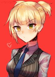 Rule 34 | &gt;:/, 1girl, artist name, bad id, bad pixiv id, blonde hair, blush, braid, french braid, girls&#039; frontline, green eyes, highres, necktie, red background, short hair, short twintails, simple background, sketch, solo, twintails, upper body, v-shaped eyebrows, welrod mkii (girls&#039; frontline), xanax025