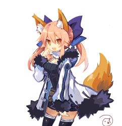 Rule 34 | 1girl, alternate costume, animal ear fluff, animal ears, asagiri asagi, asagiri asagi (cosplay), belt, blue ribbon, brown eyes, coat, commentary request, cosplay, crestquest, disgaea, fang, fate (series), fox ears, fox tail, fur-trimmed hood, fur-trimmed sleeves, fur coat, fur trim, hair between eyes, hair ribbon, highres, hood, long sleeves, looking at viewer, nippon ichi, open mouth, pink hair, ribbon, signature, simple background, solo, tail, tamamo (fate), tamamo no mae (fate/extra), thighhighs, white background, zettai ryouiki