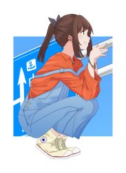Rule 34 | 1girl, absurdres, alternate costume, anchor symbol, arrow (symbol), artist request, beige footwear, bracelet, brown eyes, brown hair, converse, daigaku jitome, full body, hair ornament, hairclip, highres, i-401 (kancolle), jewelry, kantai collection, long hair, long sleeves, orange shirt, overalls, ponytail, profile, sailor collar, shirt, shoes, sneakers, solo, squatting, two-tone background, white background