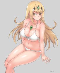 Rule 34 | 1girl, angoha, bikini, blonde hair, breasts, cleavage, closed mouth, grey background, highres, invisible chair, large breasts, long hair, looking at viewer, mythra (xenoblade), navel, simple background, sitting, smile, solo, swimsuit, white bikini, xenoblade chronicles (series), xenoblade chronicles 2, yellow eyes