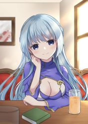 Rule 34 | 1girl, blue eyes, blue hair, blue lotus (flower knight girl), book, breasts, cleavage, cleavage cutout, clothing cutout, commentary request, cup, drinking glass, flower knight girl, highres, indoors, large breasts, long hair, long sleeves, looking at viewer, sakuragi sayu, sitting, smile, solo