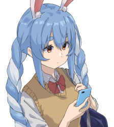 Rule 34 | 1girl, 6mint, animal ear fluff, animal ears, bag, blue hair, bow, bowtie, braid, brown eyes, cardigan vest, cellphone, extra ears, highres, hololive, long hair, multicolored hair, phone, rabbit ears, red bow, red bowtie, school uniform, short eyebrows, shoulder bag, simple background, solo, twin braids, two-tone hair, usada pekora, very long hair, virtual youtuber, white background, white hair
