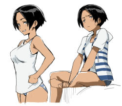 Rule 34 | 1girl, black hair, blue eyes, character sheet, frown, hands on own hips, minato fumi, no pants, simple background, smile, solo