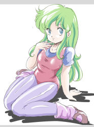 Rule 34 | 1980s (style), 1girl, ayanokouji rem, blue eyes, blue shirt, brown footwear, dream hunter rem, green hair, hand to own mouth, knees together feet apart, legs, leotard, long hair, oldschool, pantyhose, pink footwear, pink socks, red leotard, retro artstyle, shirt, shoes, short sleeves, simple background, sitting, sketch, smile, socks, solo, tamanegiinyo, thighs, white background