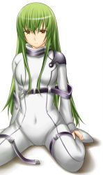 Rule 34 | 00s, 1girl, armor, belt, bodysuit, breasts, buckle, c.c., code geass, collar, covered navel, green hair, long hair, long sleeves, looking at viewer, ribucci, shadow, shoulder pads, sidelocks, simple background, sitting, skin tight, solo, spread legs, very long hair, wariza, white background, yellow eyes