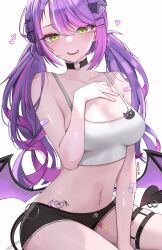 Rule 34 | 1girl, bandaid, bare shoulders, black choker, black shorts, blush, breasts, choker, collarbone, commentary, crop top, english commentary, green eyes, hair ornament, hairclip, hand on own chest, heart, highres, hololive, kkato, long hair, looking at viewer, low twintails, low wings, medium breasts, midriff, navel, navel piercing, open mouth, piercing, purple hair, short shorts, shorts, simple background, sitting, smile, solo, stomach, thigh strap, thighs, tokoyami towa, twintails, virtual youtuber, white background, wings