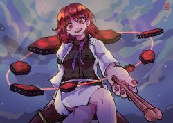 Rule 34 | 1girl, arm belt, belt, belt buckle, black belt, black footwear, buckle, cloud, cloudy sky, coattails, collared shirt, commentary request, crossed legs, double dealing character, drum, drumsticks, eyelashes, head tilt, highres, holding, holding drumsticks, horikawa raiko, instrument, jacket, long sleeves, looking at viewer, miniskirt, moonlight, nail polish, necktie, night, night sky, open clothes, open jacket, open mouth, outdoors, outstretched arm, plaid, plaid belt, plaid shirt, purple necktie, red eyes, red hair, red nails, shirt, short hair, signature, sitting, skirt, sky, smile, star (sky), teeth, touhou, upper teeth only, waiwa way, white jacket, white skirt