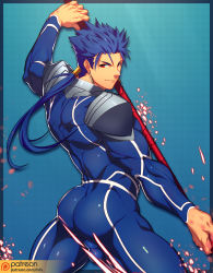 Rule 34 | 1boy, armor, ass, bara, blue bodysuit, blue hair, bodysuit, cropped legs, cu chulainn (fate), cu chulainn (fate/stay night), earrings, fate/grand order, fate/stay night, fate (series), fighting stance, from behind, gae bolg (fate), highres, holding, holding weapon, jewelry, long hair, lvlv, male focus, muscular, paid reward available, patreon username, pauldrons, polearm, ponytail, red eyes, shoulder armor, sideburns, skin tight, solo, spear, thick thighs, thighs, weapon