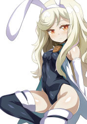 Rule 34 | 1girl, animal ears, arms behind back, black leotard, black thighhighs, blonde hair, boots, brown eyes, cape, carrot, character request, commentary request, copyright request, elbow gloves, fake animal ears, gloves, highres, leg lift, leotard, long hair, makenai-chan, rabbit ears, shimejinameko, simple background, solo, standing, standing on one leg, thigh boots, thighhighs, white background, white cape, white gloves