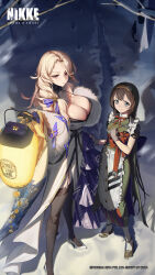 Rule 34 | 2girls, apron, artist request, black thighhighs, blonde hair, breasts, brown eyes, brown hair, brown hairband, cleavage, closed mouth, cropped, dress, forehead, frown, full body, garter straps, goddess of victory: nikke, grey eyes, hairband, highres, holding, holding lantern, lantern, large breasts, long hair, ludmilla (winter owner) (nikke), mica (snow buddy) (nikke), multiple girls, official art, red ribbon, ribbon, second-party source, short sleeves, snow, standing, thighhighs, very long hair, watermark, white apron, white dress