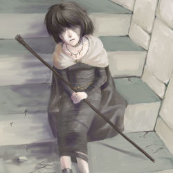 Rule 34 | 1girl, black hair, cape, choker, demon&#039;s souls, dress, female focus, from software, jewelry, maiden in black, necklace, short hair, sitting, solo, staff, stairs, tomnyon