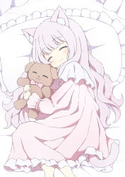Rule 34 | 1girl, ^ ^, animal ears, cat ears, cat girl, cat tail, closed eyes, closed mouth, frills, highres, hugging doll, hugging object, long hair, long sleeves, lying, nightgown, on side, original, pillow, pink hair, pink nightgown, smile, stuffed animal, stuffed toy, tail, teddy bear, tyomimas
