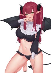 Rule 34 | 1girl, :d, absurdres, bare legs, bare shoulders, barefoot, black panties, black wings, blunt bangs, blush, breasts, cleavage, collarbone, crop top, demon girl, demon horns, demon tail, demon wings, fangs, fingernails, frilled panties, frilled shirt, frills, gluteal fold, green eyes, groin, hair ornament, hair scrunchie, hand on own thigh, hand up, highres, horns, kitagawa marin, kneeling, large breasts, long fingernails, long hair, long sleeves, looking at viewer, midriff, navel, neck ribbon, open mouth, panties, pinkcap, pointy ears, puffy long sleeves, puffy sleeves, red hair, revealing clothes, ribbon, rizu-kyun, scrunchie, shirt, sidelocks, simple background, smile, solo, sono bisque doll wa koi wo suru, straight hair, tail, two side up, underwear, w, white background, white ribbon, wings