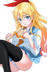 Rule 34 | black thighhighs, blonde hair, blouse, blue eyes, blush, book, clothes lift, collared shirt, hair between eyes, highres, kirisaki chitoge, looking at viewer, nisekoi, nonbire, red ribbon, ribbon, shirt, simple background, solo, thighhighs, white background, white shirt