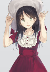 Rule 34 | 1girl, :d, black hair, dress, green eyes, grey background, hat, highres, hiwatari rin, long hair, looking at viewer, open mouth, original, simple background, smile, solo