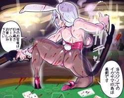 Rule 34 | 1girl, absurdres, animal ears, ass, back, bare shoulders, blood, blood on clothes, blood on face, breasts, card, casino card table, commentary request, dual wielding, fake animal ears, gun, high heels, highres, holding, holding gun, holding weapon, kneeling, leotard, long hair, looking at viewer, minami aomori, on one knee, original, pantyhose, pink footwear, playboy bunny, playing card, purple eyes, rabbit ears, rabbit tail, silver hair, solo focus, spread legs, table, tail, weapon, wrist cuffs