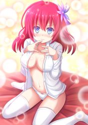Rule 34 | 10s, 1girl, blue eyes, blush, bow, bow panties, breast suppress, breasts, breasts apart, center opening, collarbone, cushion, finger to mouth, flower, hair flower, hair ornament, highres, kazenokaze, lace, lace-trimmed panties, lace trim, large breasts, lens flare, lens flare abuse, long sleeves, looking at viewer, navel, no bra, no game no life, no pants, open clothes, open shirt, panties, partially undressed, pink hair, shiny skin, shirt, short hair, sitting, solo, stephanie dora, thighhighs, unbuttoned, underwear, wariza, white panties, white shirt, white thighhighs