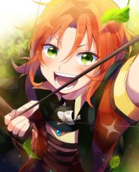 Rule 34 | 10s, 1boy, alternate costume, bad id, bad pixiv id, badge, blush, bow (weapon), drawing bow, ensemble stars!, from above, green eyes, highres, holding bow (weapon), leaf, male focus, orange hair, radioz, smile, solo, tsukinaga leo, weapon